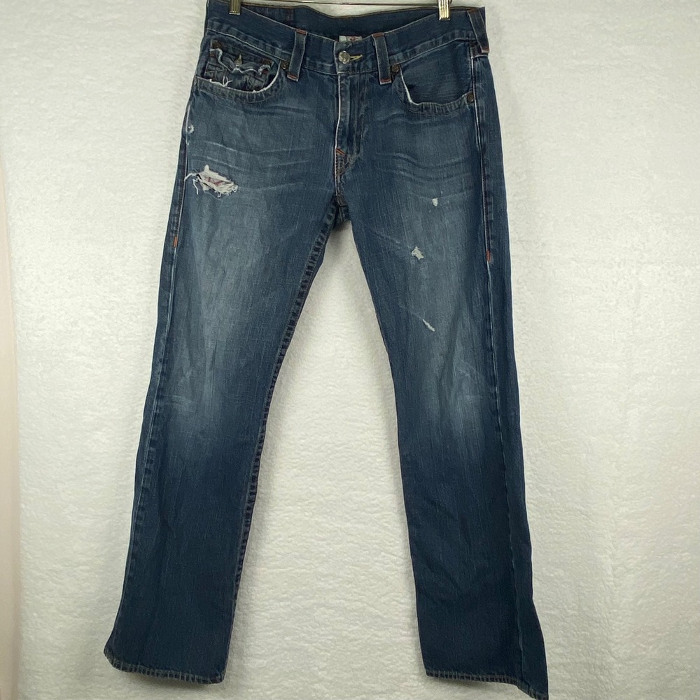 True Religion Ricky Mens 34 Straight Leg Distressed Blue Jeans Made in USA